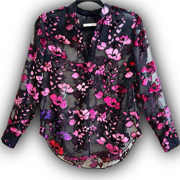 Alice + Olivia Velvet Flocked Sheer Chiffon Designer Blouse XS Black Seen on TV - Picture 2 of 13